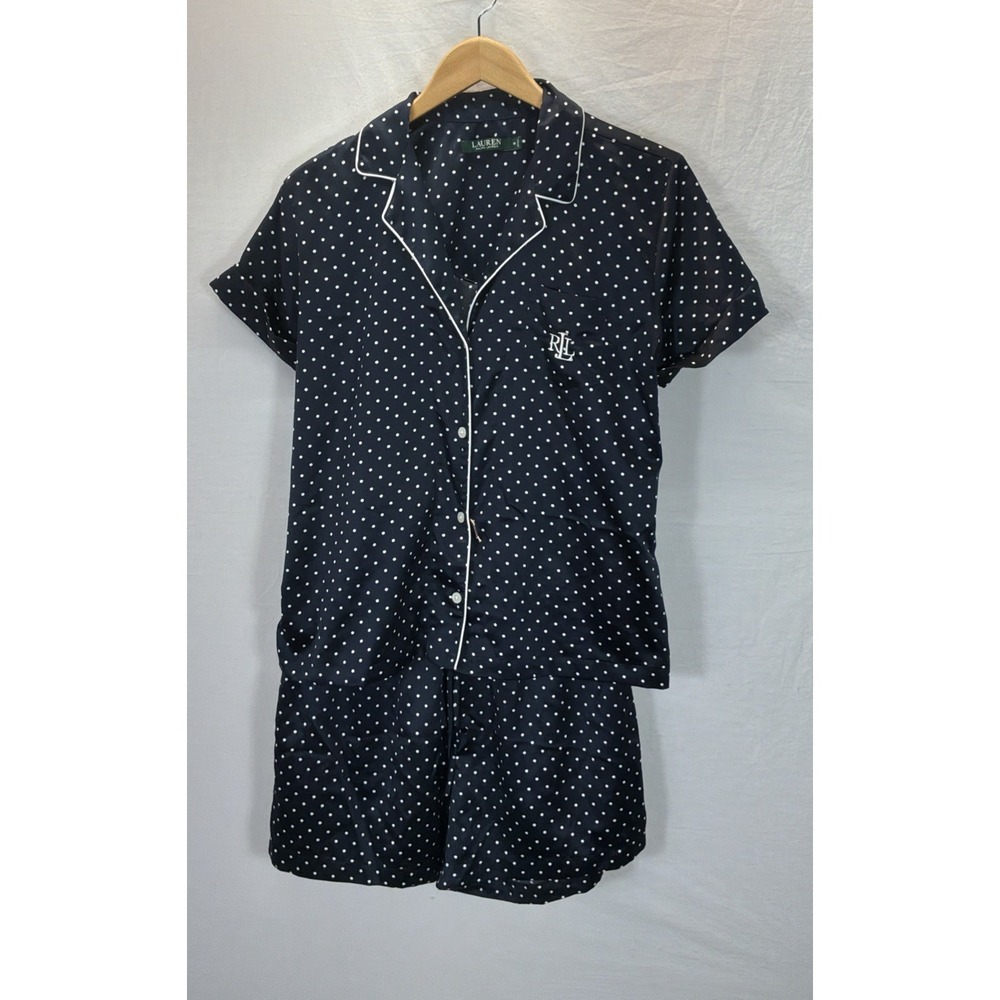 VTG Lauren Ralph Lauren Pajama Set Satin MD Navy Blue polka dot monogrammed